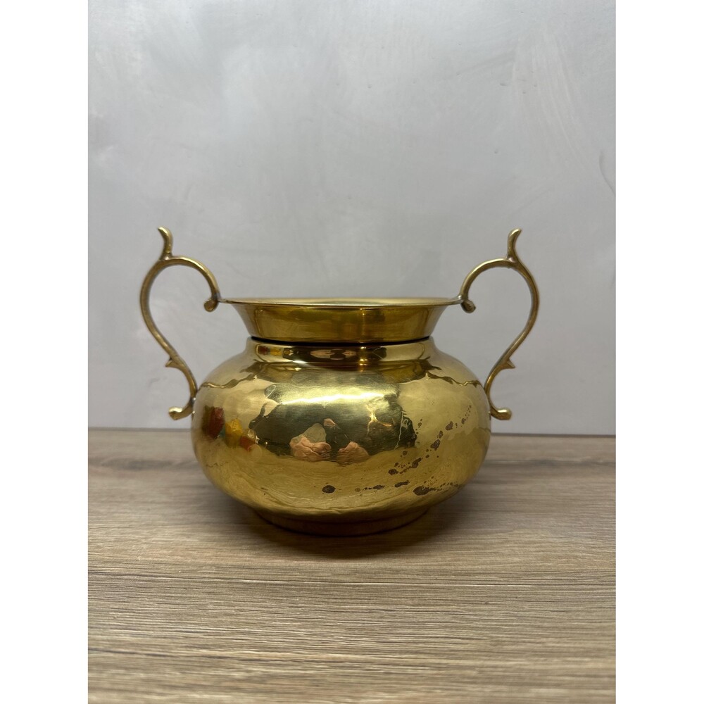 Vintage Hammered Brass Pot Planter with Handles, Made in India, 8.25x5.75 Inches